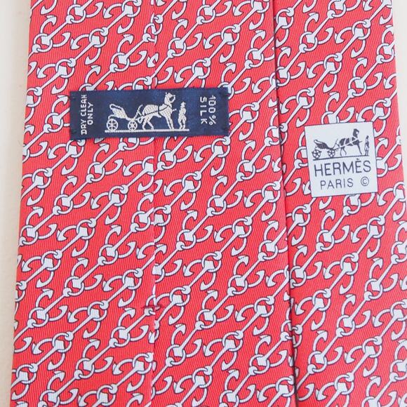 Vintage Hermes 100% Silk Tie 5358 OA Red & Silver Anchor Necktie Geometric Paris - Picture 3 of 8